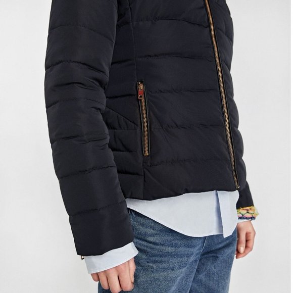 Zara Quilted Down Puffer Jacket with Faux Fur Textured Hood Navy & Gold - Picture 6 of 13